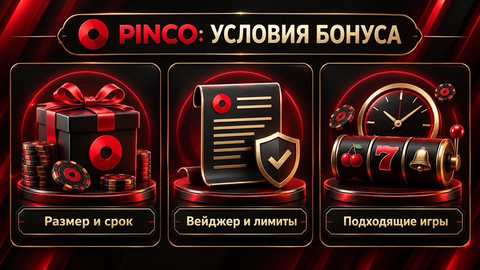 Иллюстрация Pinco об условиях бонуса: размер и срок, вейджер и подходящие игры