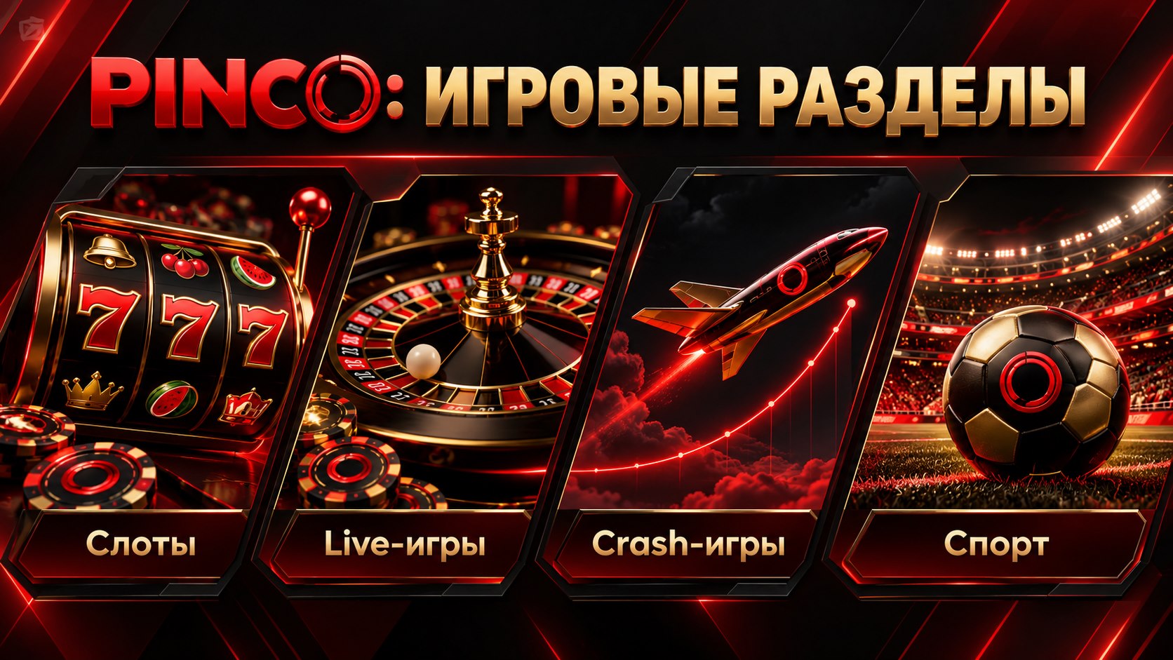Иллюстрация разделов Pinco: слоты, live-игры, crash-игры и спорт